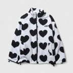 Fleece Jacket Heart Print Women's Zip-Up Stand Collar – Casual, Winter, Office, Gift