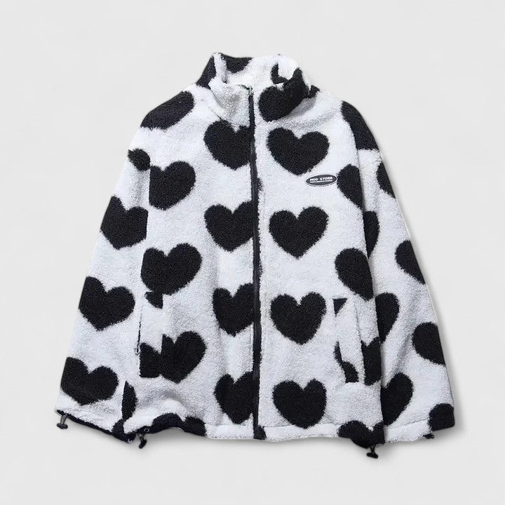 Fleece Jacket Heart Print Women's Zip-Up Stand Collar – Casual, Winter, Office, Gift