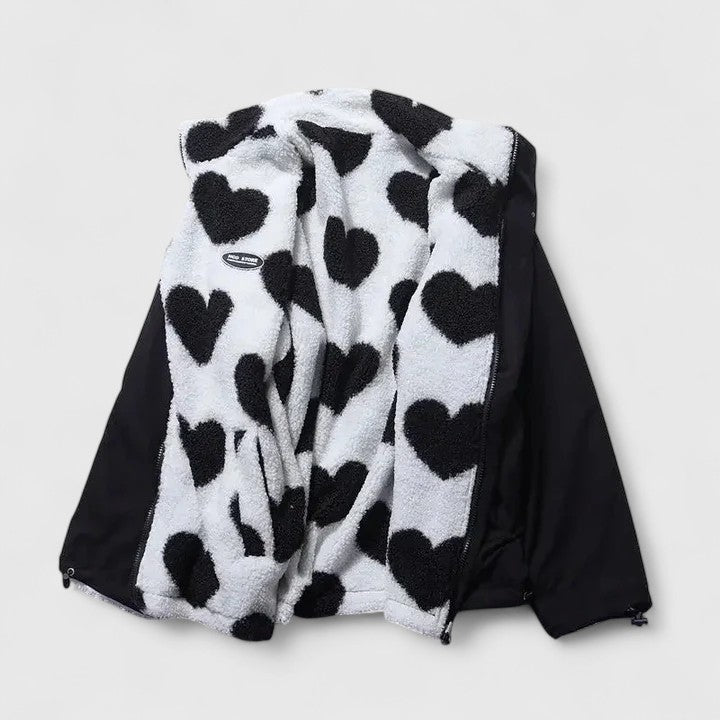 Fleece Jacket Heart Print Women's Zip-Up Stand Collar – Casual, Winter, Office, Gift