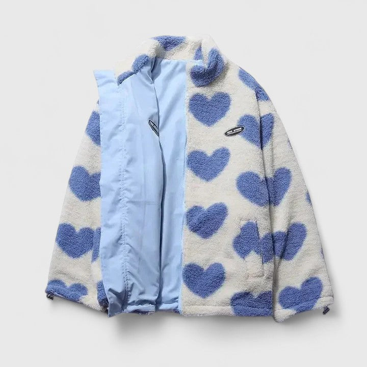 Fleece Jacket Heart Print Women's Zip-Up Stand Collar – Casual, Winter, Office, Gift