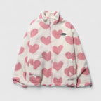 Fleece Jacket Heart Print Women's Zip-Up Stand Collar – Casual, Winter, Office, Gift