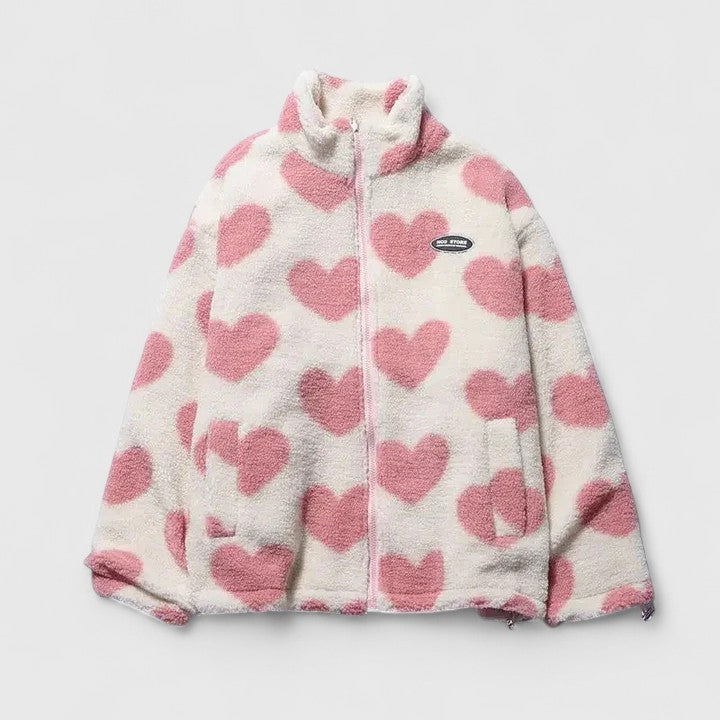 Fleece Jacket Heart Print Women's Zip-Up Stand Collar – Casual, Winter, Office, Gift