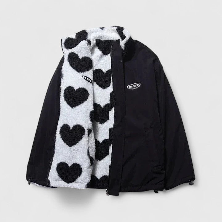 Fleece Jacket Heart Print Women's Zip-Up Stand Collar – Casual, Winter, Office, Gift
