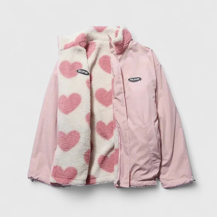 Fleece Jacket Heart Print Women's Zip-Up Stand Collar – Casual, Winter, Office, Gift