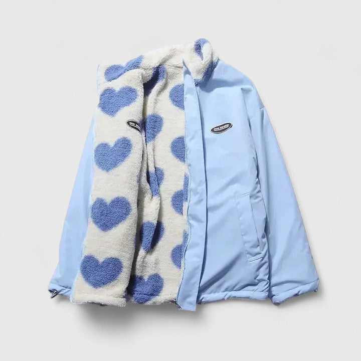 Fleece Jacket Heart Print Women's Zip-Up Stand Collar – Casual, Winter, Office, Gift