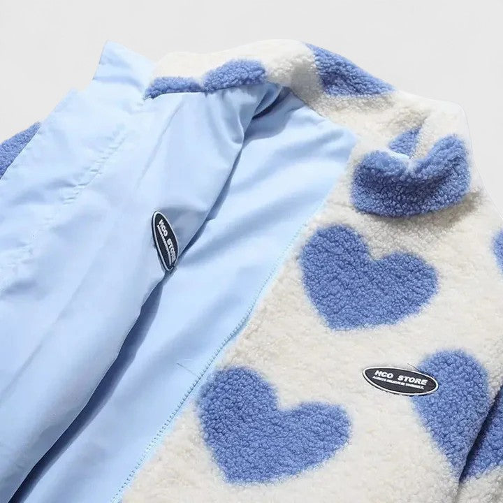 Fleece Jacket Heart Print Women's Zip-Up Stand Collar – Casual, Winter, Office, Gift