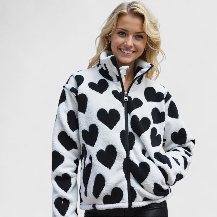 Fleece Jacket Heart Print Women's Zip-Up Stand Collar – Casual, Winter, Office, Gift