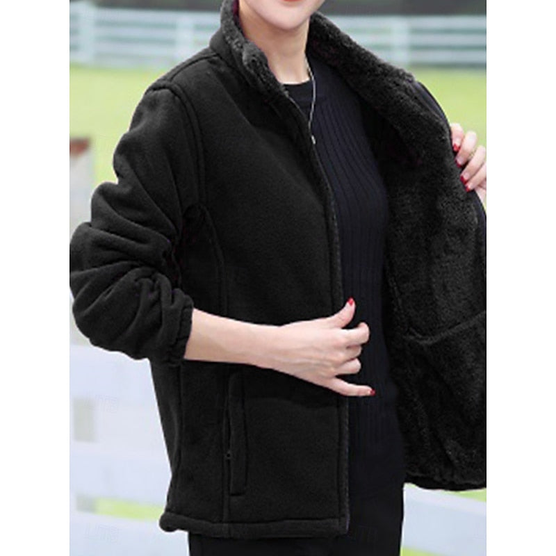 Fleece Jacket Purple Women's Fleece-Lined Full Zip Stand Collar – Casual, Winter, Everyday Warmth