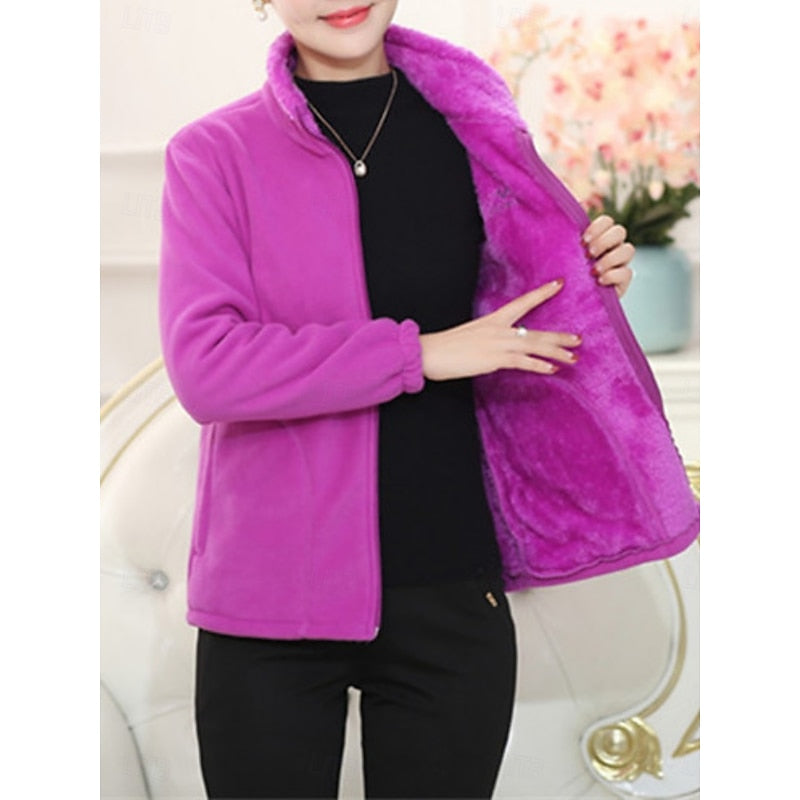 Fleece Jacket Purple Women's Fleece-Lined Full Zip Stand Collar – Casual, Winter, Everyday Warmth