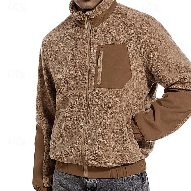 Fleece Jacket Sherpa Full-Zip Men's Stand Collar Khaki – Casual, Outdoor, Warm Winter Layer, Gift