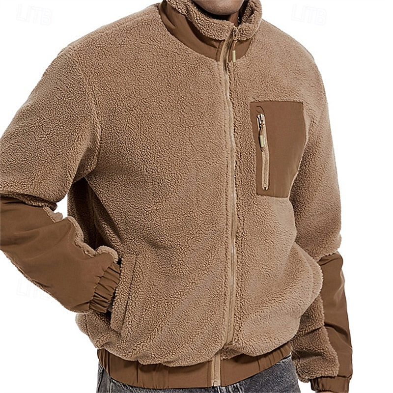 Fleece Jacket Sherpa Full-Zip Men's Stand Collar Khaki – Casual, Outdoor, Warm Winter Layer, Gift