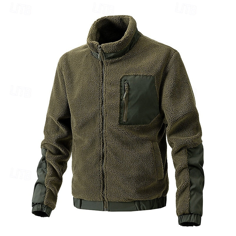 Fleece Jacket Sherpa Full-Zip Men's Stand Collar Khaki – Casual, Outdoor, Warm Winter Layer, Gift