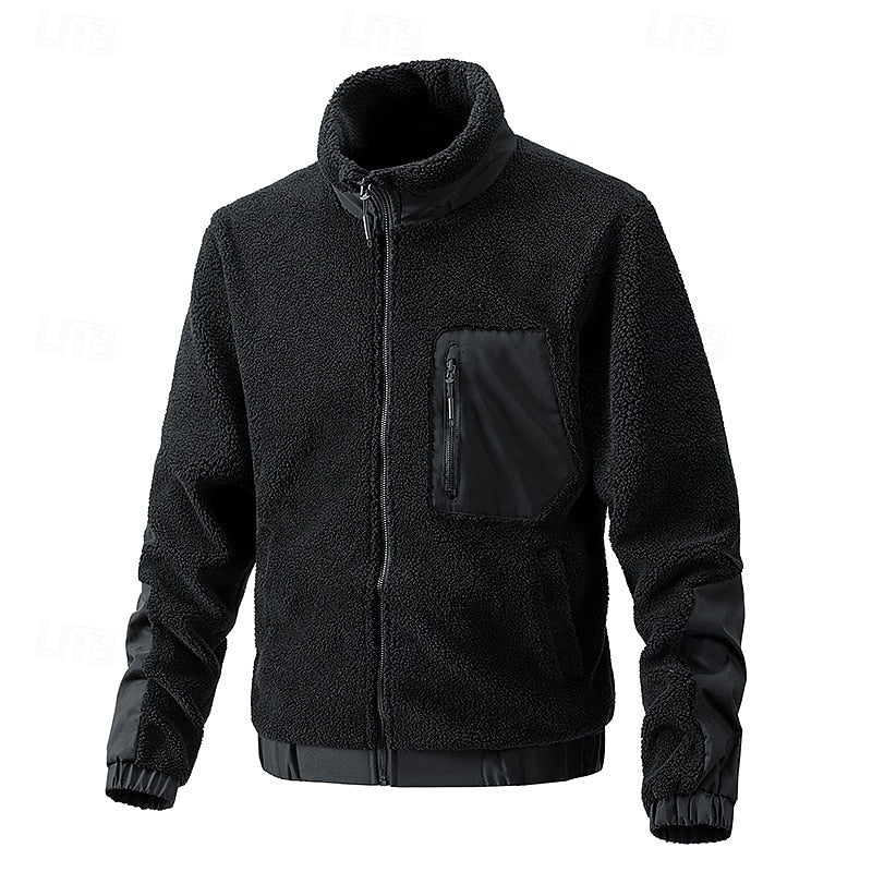 Fleece Jacket Sherpa Full-Zip Men's Stand Collar Khaki – Casual, Outdoor, Warm Winter Layer, Gift
