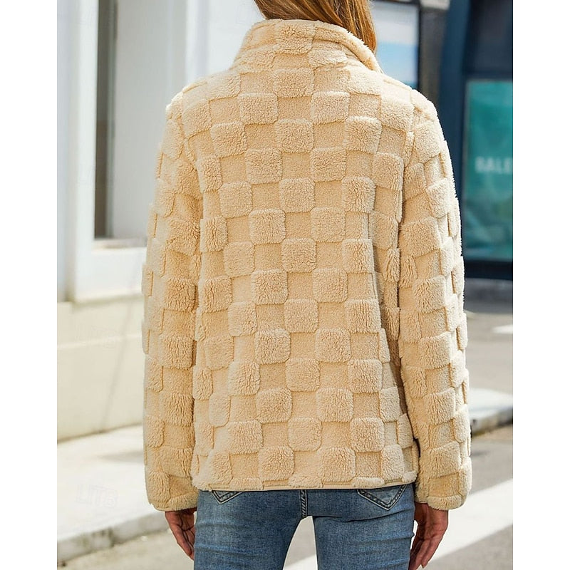 Fleece Jacket Textured Fluffy Zip-Up Stand Collar Women's – Casual, Autumn Winter, Everyday, Gift