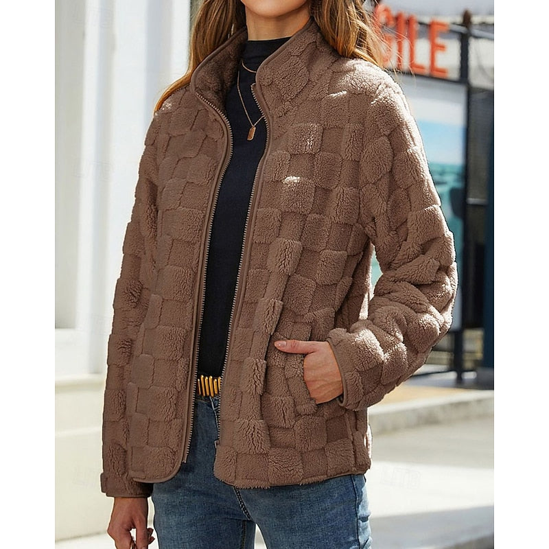 Fleece Jacket Textured Fluffy Zip-Up Stand Collar Women's – Casual, Autumn Winter, Everyday, Gift