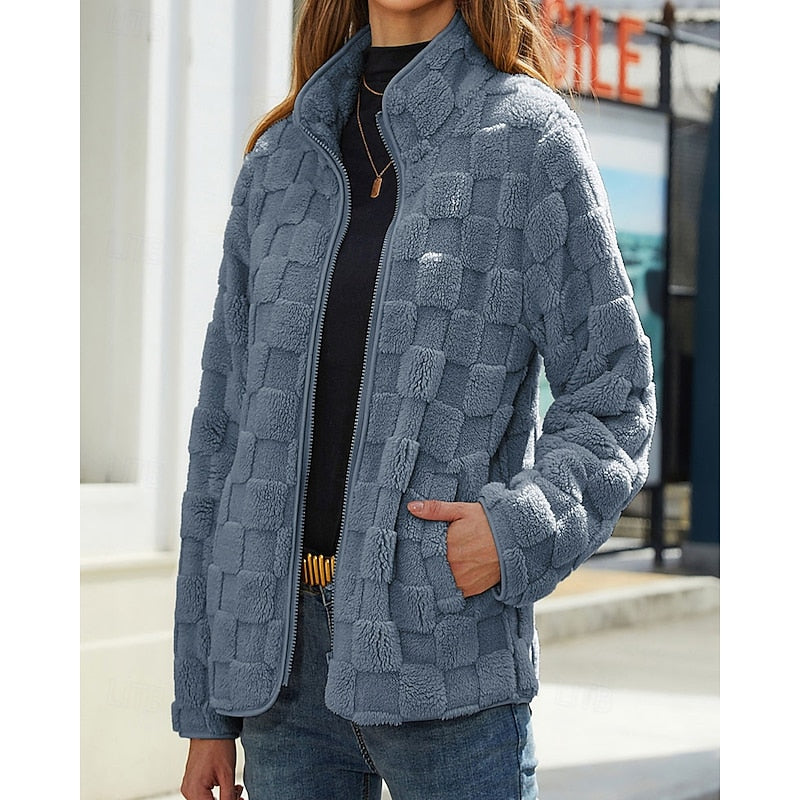 Fleece Jacket Textured Fluffy Zip-Up Stand Collar Women's – Casual, Autumn Winter, Everyday, Gift