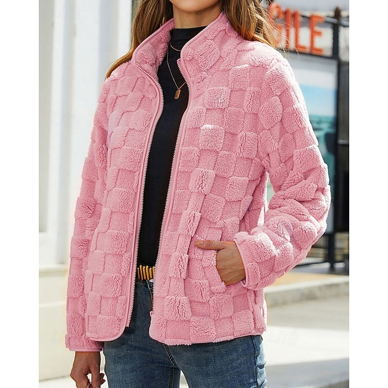 Fleece Jacket Textured Fluffy Zip-Up Stand Collar Women's – Casual, Autumn Winter, Everyday, Gift