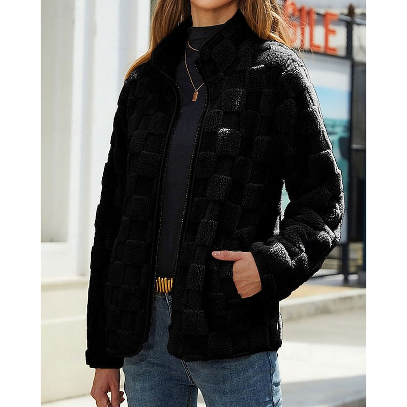 Fleece Jacket Textured Fluffy Zip-Up Stand Collar Women's – Casual, Autumn Winter, Everyday, Gift