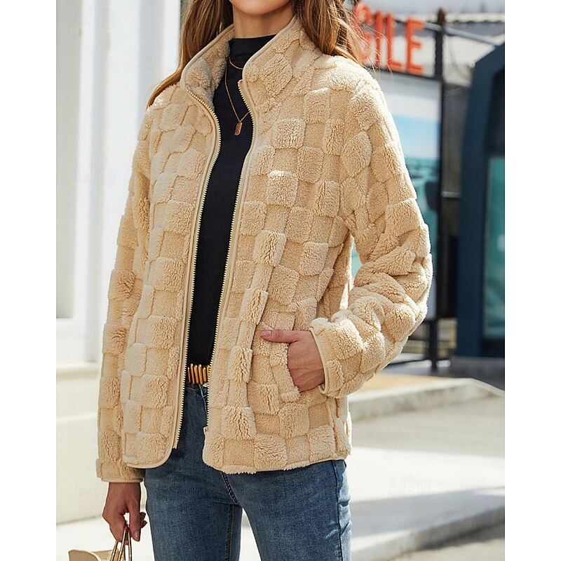 Fleece Jacket Textured Fluffy Zip-Up Stand Collar Women's – Casual, Autumn Winter, Everyday, Gift