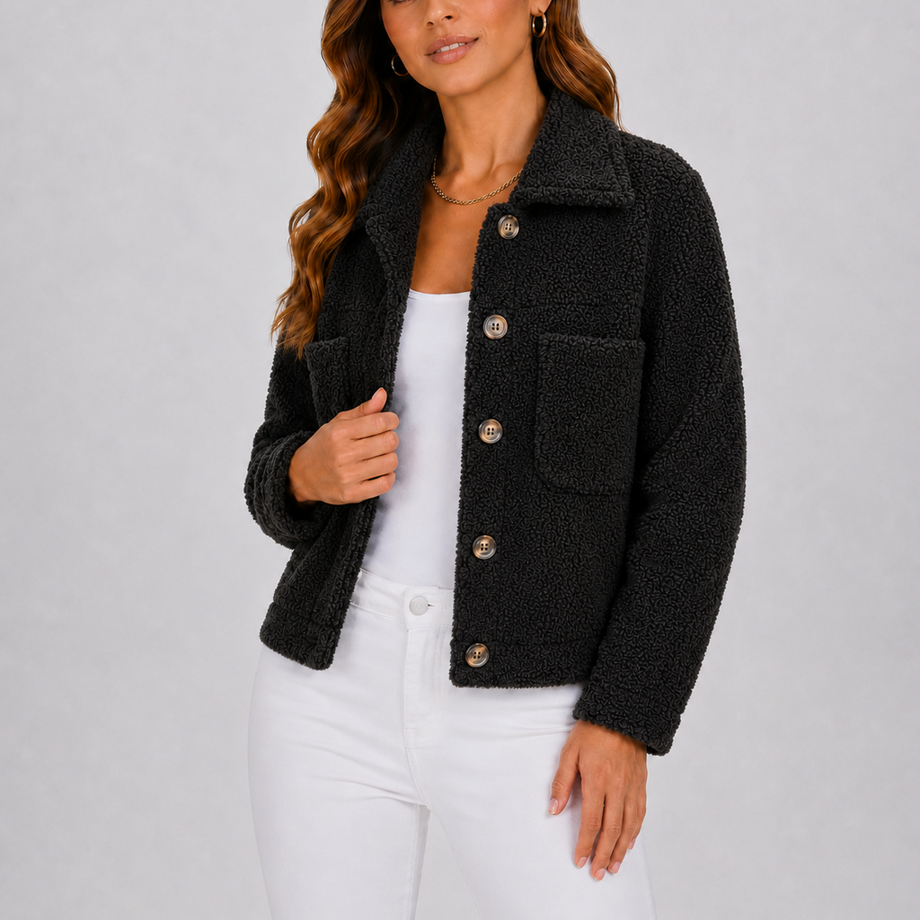 Fleece Jacket Women's Black Button-Up Collared with Pockets – Casual, Autumn, Office Layering, Gift