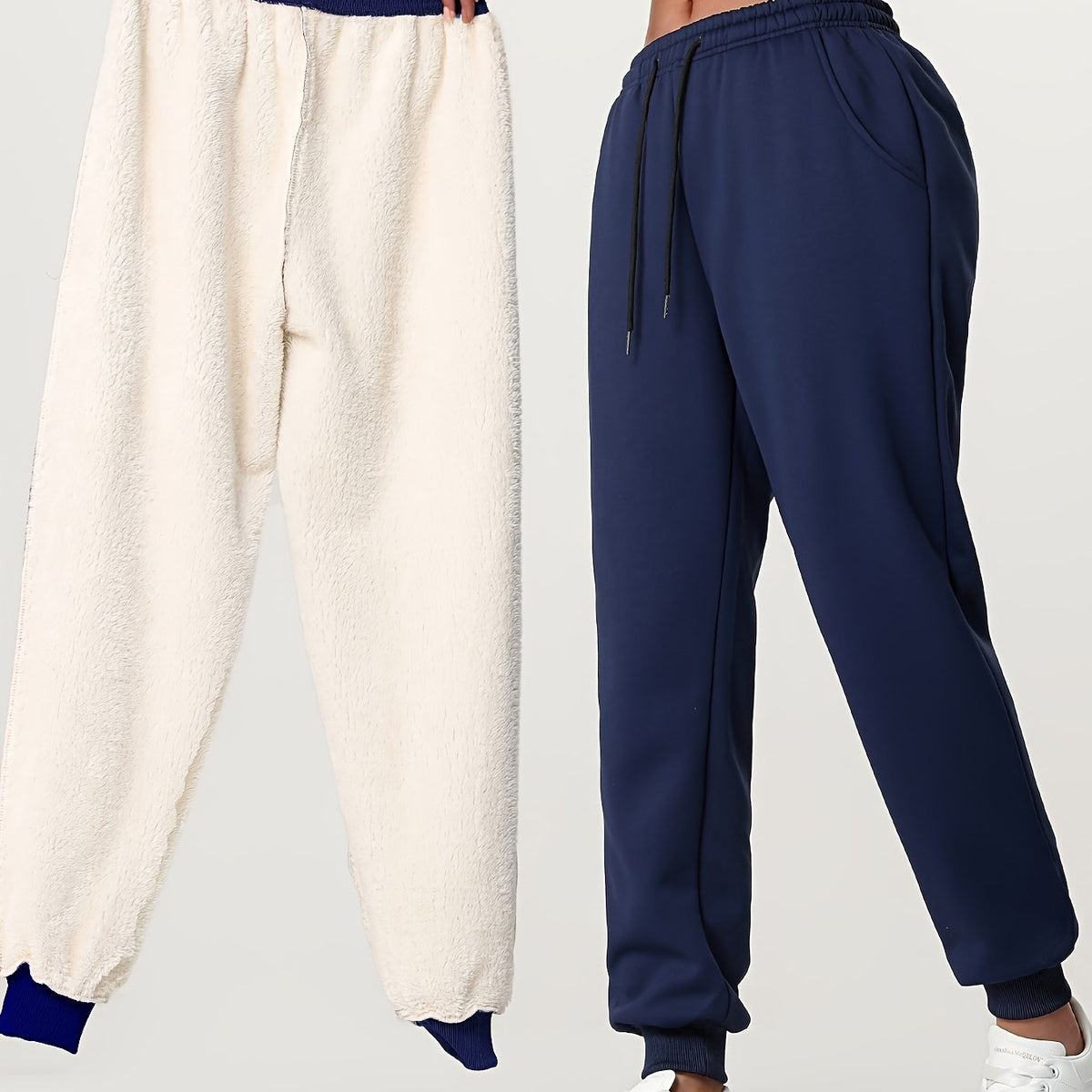 Fleece Joggers Women's Cuffed Drawstring Sweatpants Black Ivory 2-Pack – Home Gym, Lounge, Casual