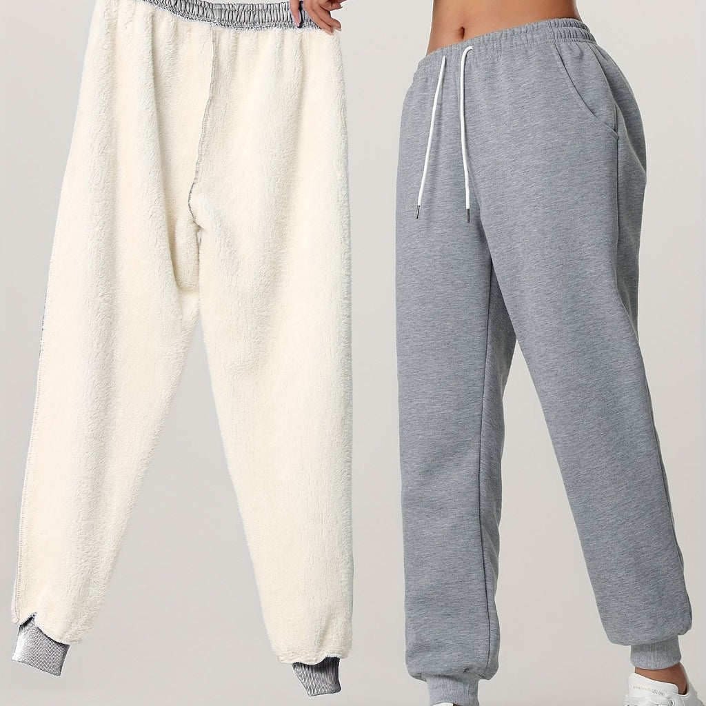 Fleece Joggers Women's Cuffed Drawstring Sweatpants Black Ivory 2-Pack – Home Gym, Lounge, Casual