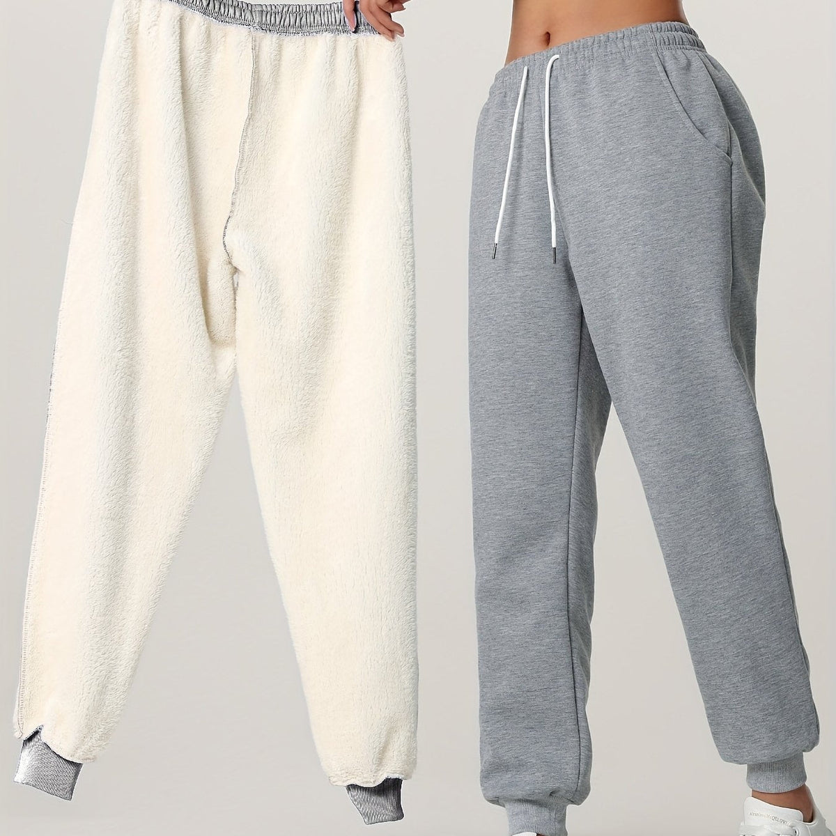 Fleece Joggers Women's Cuffed Drawstring Sweatpants Black Ivory 2-Pack – Home Gym, Lounge, Casual