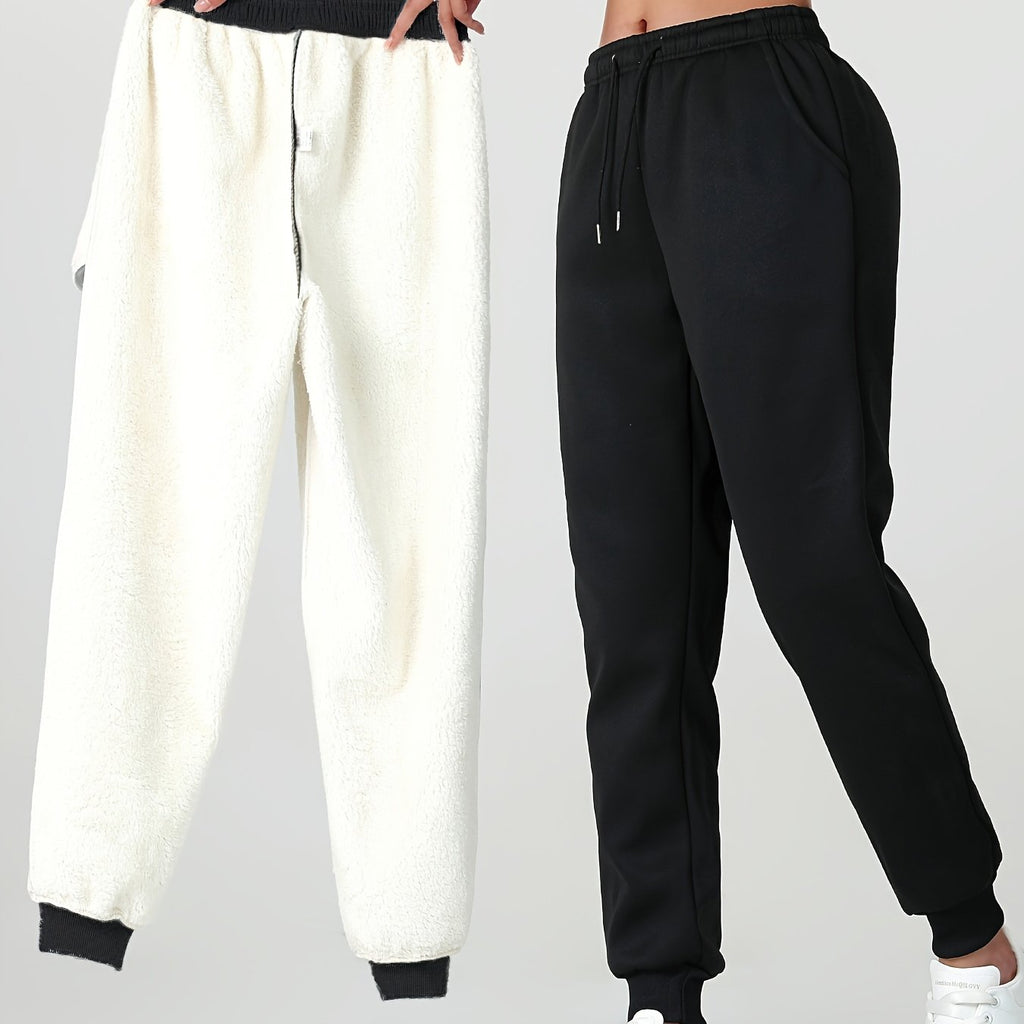 Fleece Joggers Women's Cuffed Drawstring Sweatpants Black Ivory 2-Pack – Home Gym, Lounge, Casual
