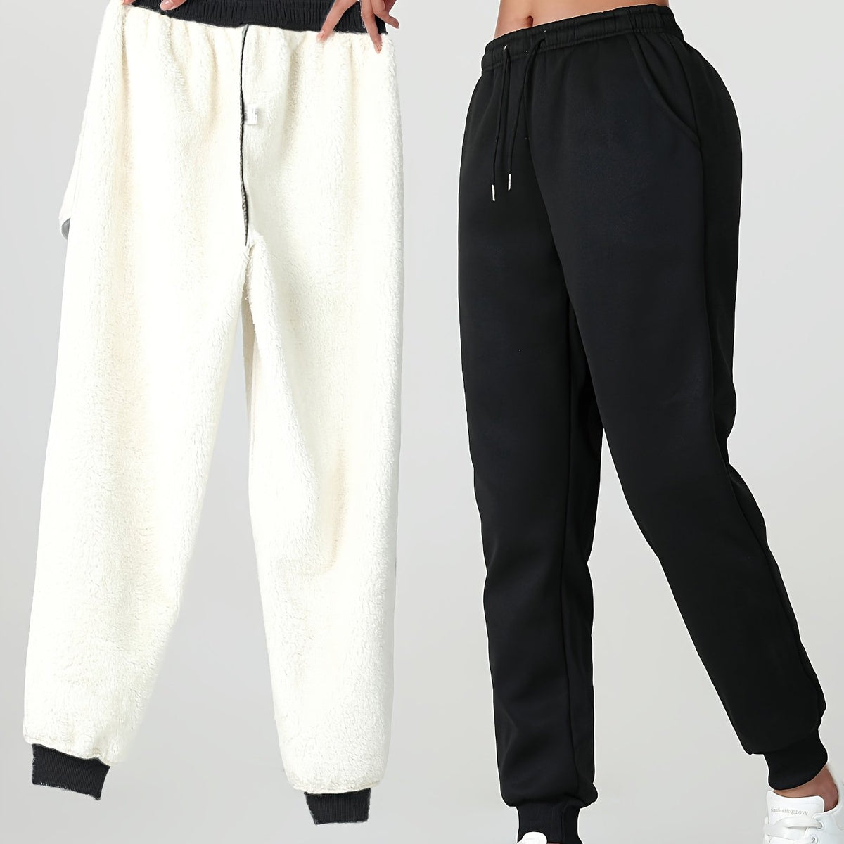 Fleece Joggers Women's Cuffed Drawstring Sweatpants Black Ivory 2-Pack – Home Gym, Lounge, Casual
