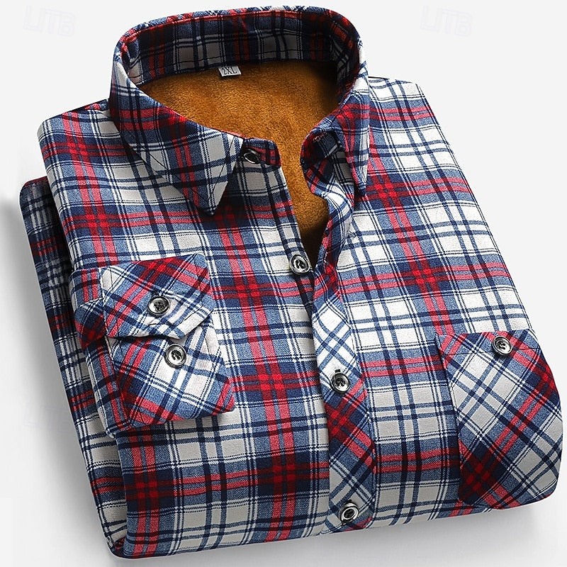 Fleece-Lined Flannel Shirt Blue Brown Plaid Men's Long Sleeve – Casual, Warm Winter Wear