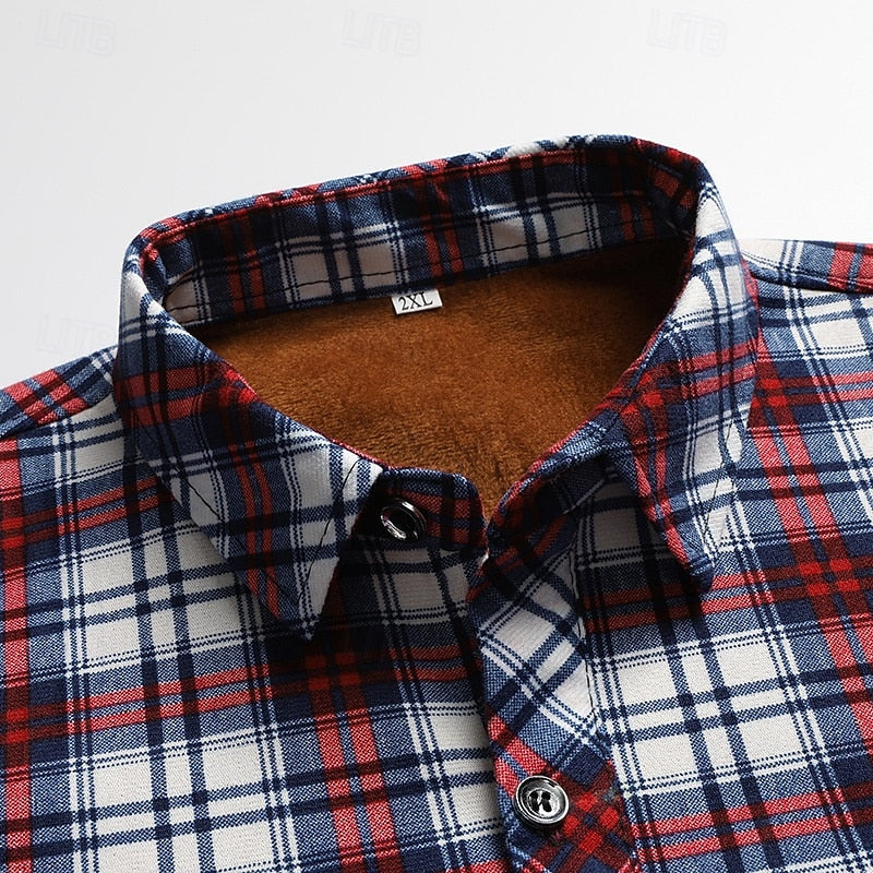 Fleece-Lined Flannel Shirt Blue Brown Plaid Men's Long Sleeve – Casual, Warm Winter Wear