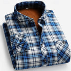 Fleece-Lined Flannel Shirt Blue Brown Plaid Men's Long Sleeve – Casual, Warm Winter Wear