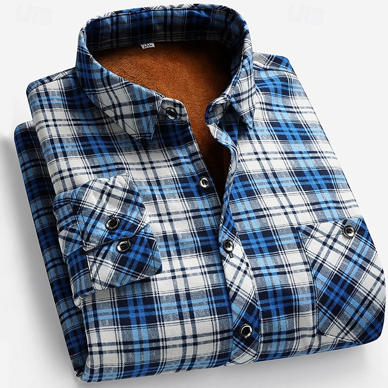 Fleece-Lined Flannel Shirt Blue Brown Plaid Men's Long Sleeve – Casual, Warm Winter Wear