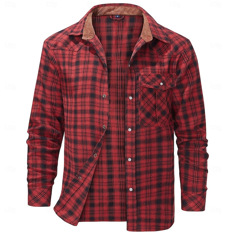 Fleece-Lined Flannel Shirt Jacket Red Plaid Men's Long Sleeve Overshirt – Casual, Winter Layering