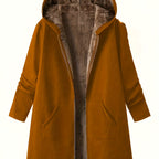 Fleece-Lined Hooded Coat Longline Beige Women's Zip-Up – Casual, Winter Warmth · Werune