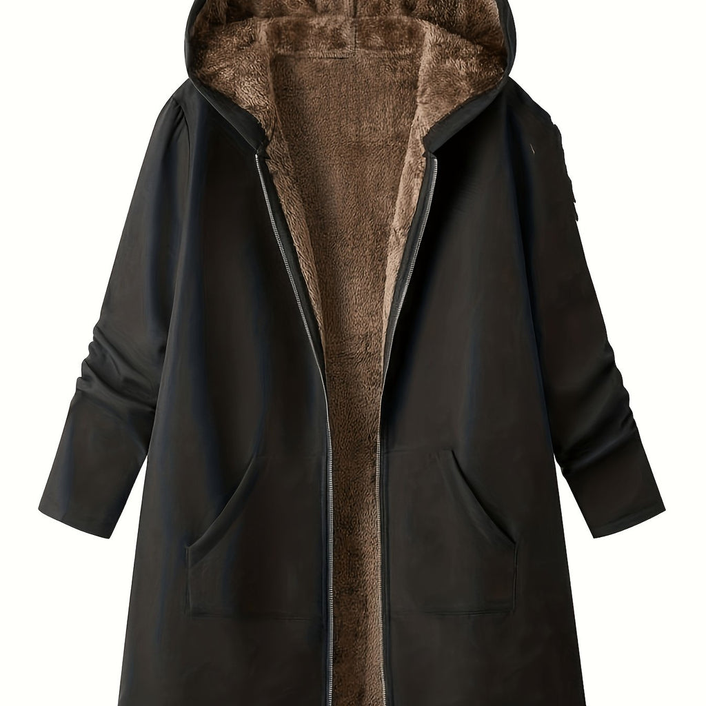 Fleece-Lined Hooded Coat Longline Beige Women's Zip-Up – Casual, Winter Warmth · Werune