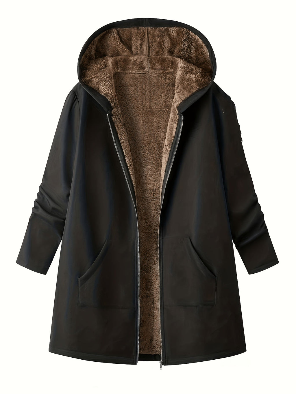 Fleece-Lined Hooded Coat Longline Beige Women's Zip-Up – Casual, Winter Warmth · Werune