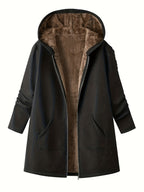 Fleece-Lined Hooded Coat Longline Beige Women's Zip-Up – Casual, Winter Warmth · Werune