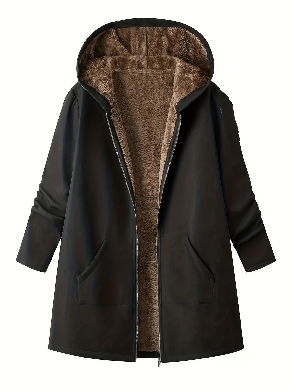 Fleece-Lined Hooded Coat Longline Beige Women's Zip-Up – Casual, Winter Warmth · Werune