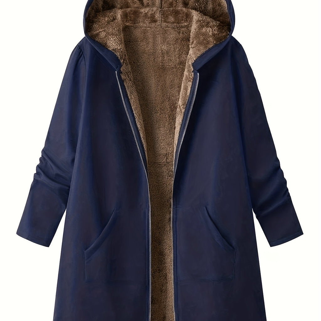 Fleece-Lined Hooded Coat Longline Beige Women's Zip-Up – Casual, Winter Warmth · Werune