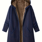 Fleece-Lined Hooded Coat Longline Beige Women's Zip-Up – Casual, Winter Warmth · Werune