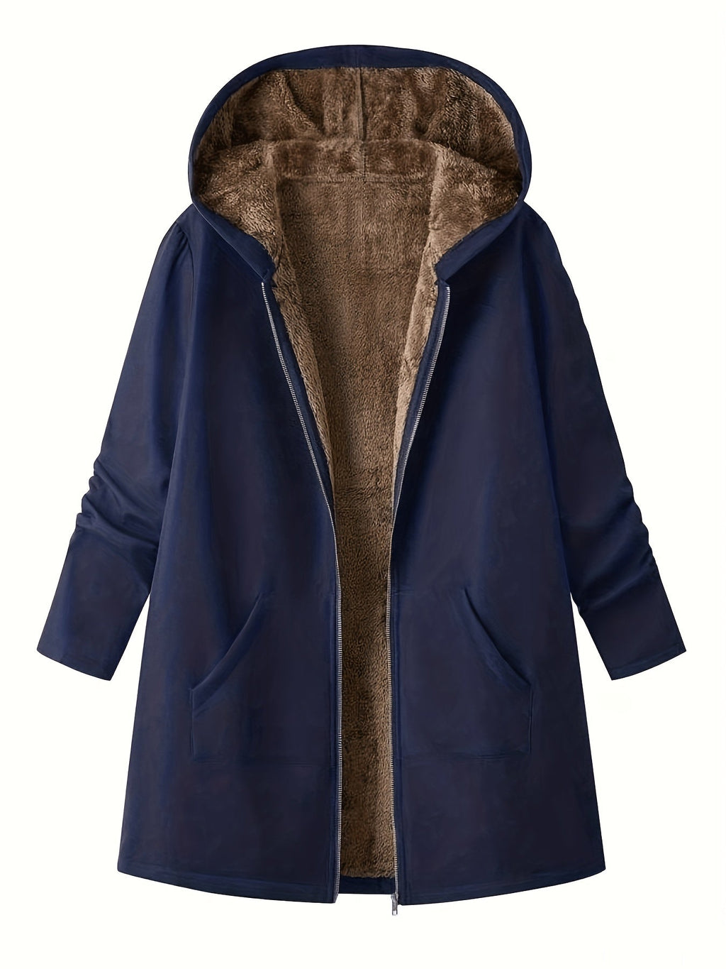 Fleece-Lined Hooded Coat Longline Beige Women's Zip-Up – Casual, Winter Warmth · Werune