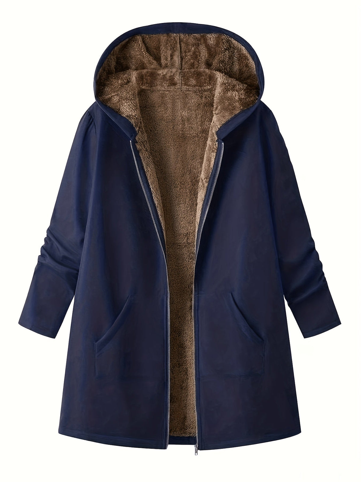 Fleece-Lined Hooded Coat Longline Beige Women's Zip-Up – Casual, Winter Warmth · Werune