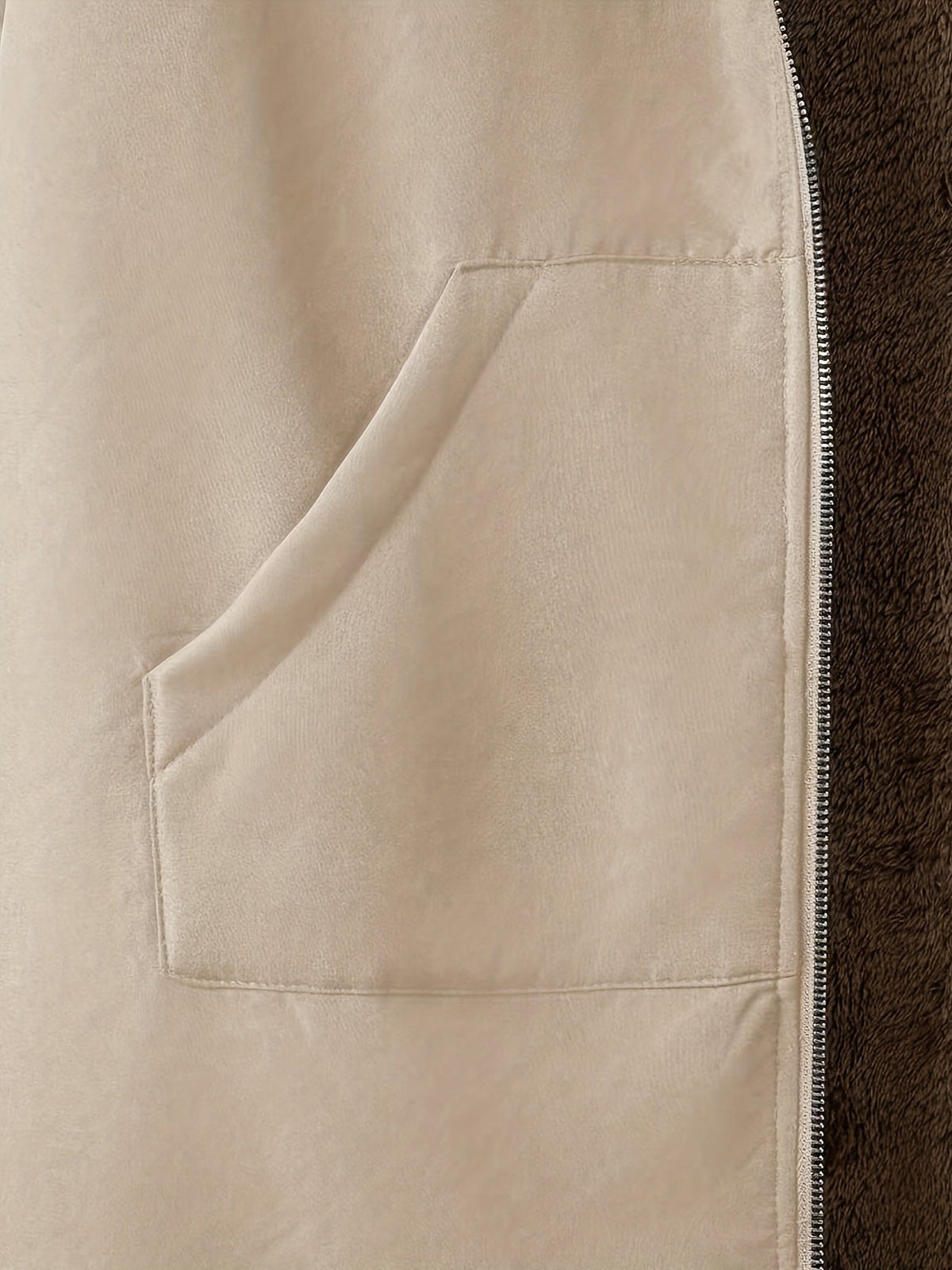 Fleece-Lined Hooded Coat Longline Beige Women's Zip-Up – Casual, Winter Warmth · Werune