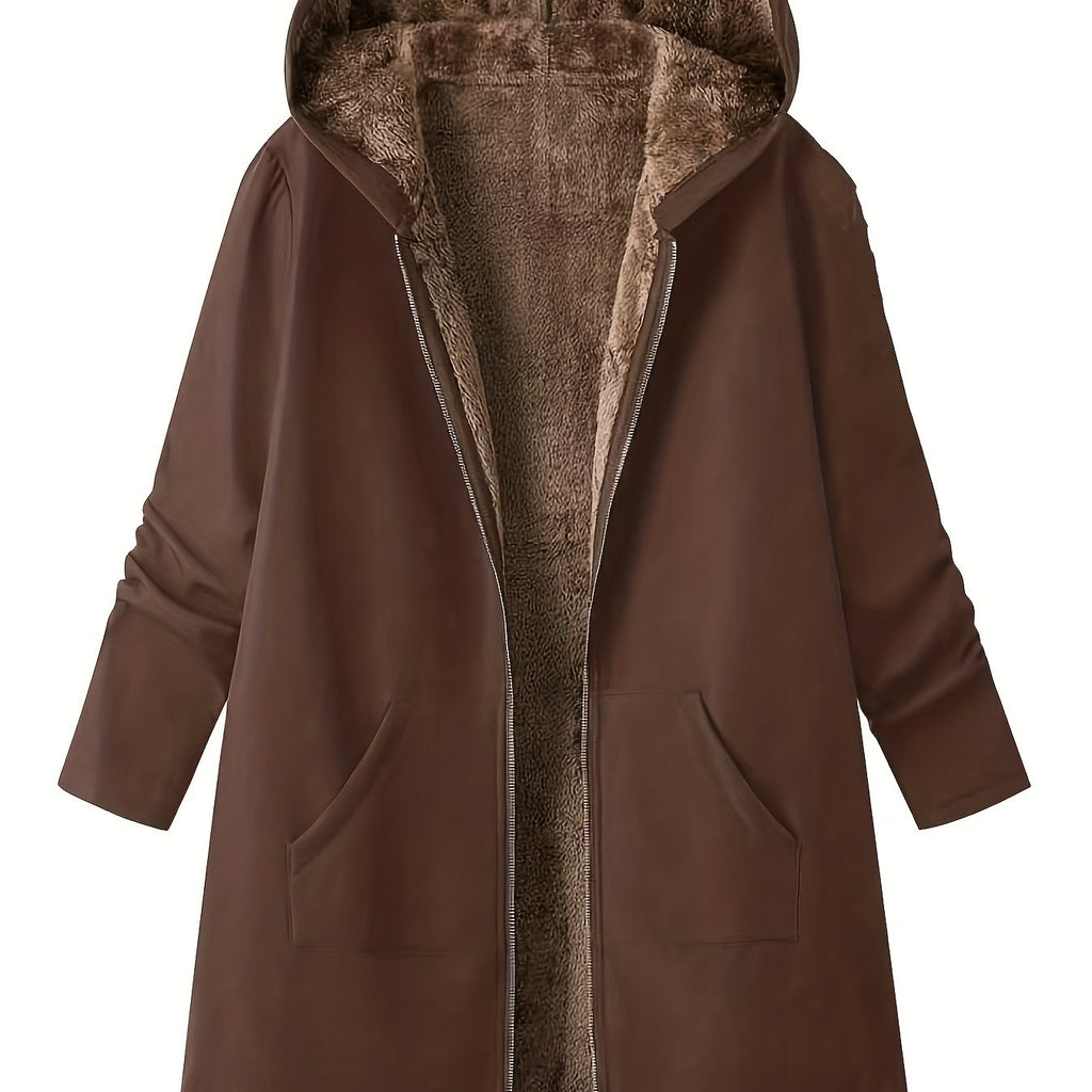 Fleece-Lined Hooded Coat Longline Beige Women's Zip-Up – Casual, Winter Warmth · Werune