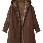 Fleece-Lined Hooded Coat Longline Beige Women's Zip-Up – Casual, Winter Warmth · Werune