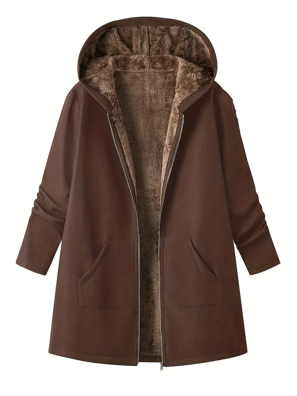 Fleece-Lined Hooded Coat Longline Beige Women's Zip-Up – Casual, Winter Warmth · Werune