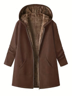Fleece-Lined Hooded Coat Longline Beige Women's Zip-Up – Casual, Winter Warmth · Werune