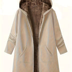 Fleece-Lined Hooded Coat Longline Beige Women's Zip-Up – Casual, Winter Warmth · Werune