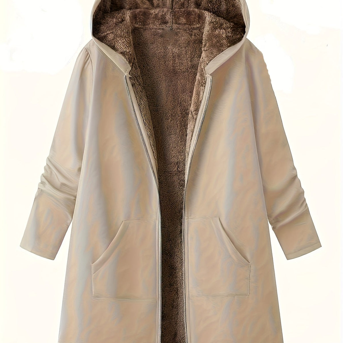 Fleece-Lined Hooded Coat Longline Beige Women's Zip-Up – Casual, Winter Warmth · Werune